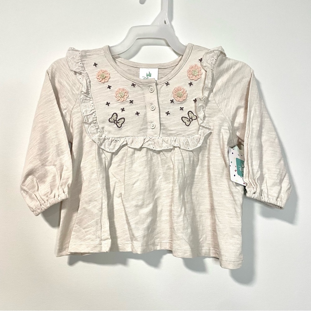 🟣2/$20 NEW Disney Beige Ruffle Long Sleeve Top (size 24M)